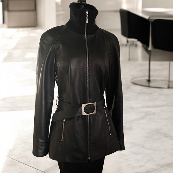 BELLA BICCHI SOFT BLACK LEATHER MID-LENGTH BELTED JACKET SM - Picture 7 of 15